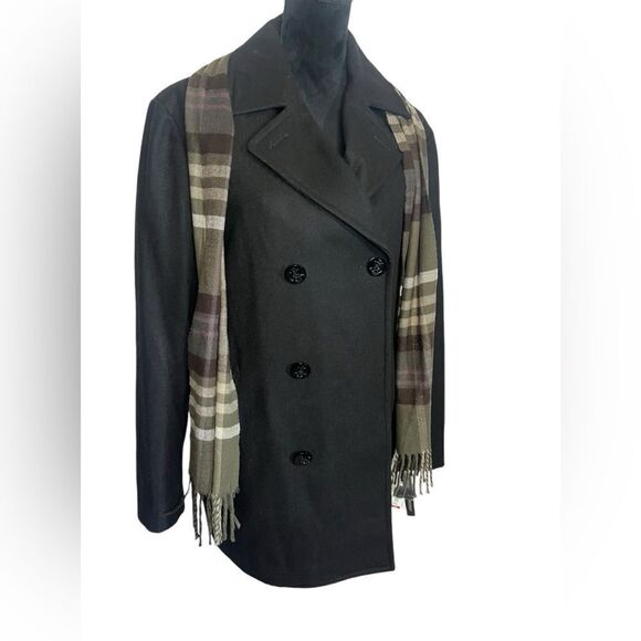 NWT LIZ CLAIBORNE MENS BLACK WOOL BLEND W/ PLAID SCARF ATTACHED PEACOAT SIZE M - Picture 4 of 12